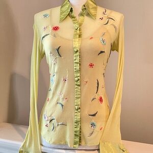 1990s Vivienne Tam Collar and Cuff Lime Green Embroidered Shirt & Camisole